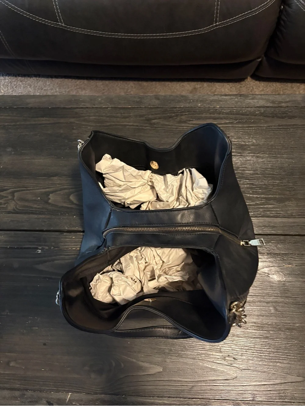 bebe Black Leather Hobo with Gold Chain Trim